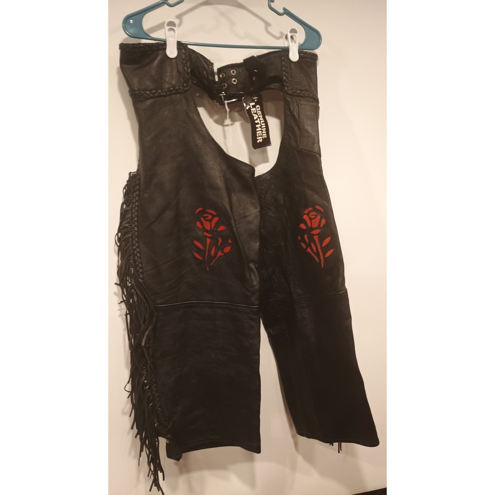 The Leather Lady Motorcycle Chaps Women XXL Black NEW Rose Embroidered Fringe